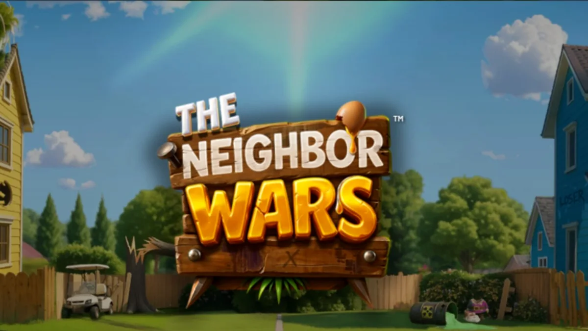 The Neighbor Wars slot machine interface showing cartoon suburban characters and game features